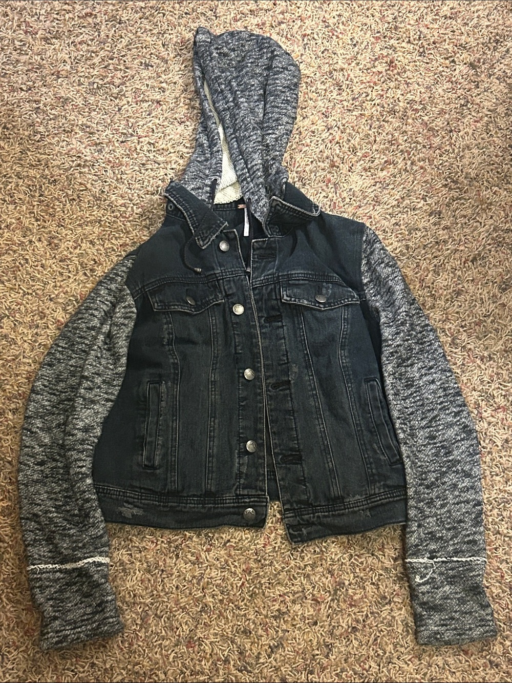 Free People Denim Jacket with Knit Hoodie Sleeves